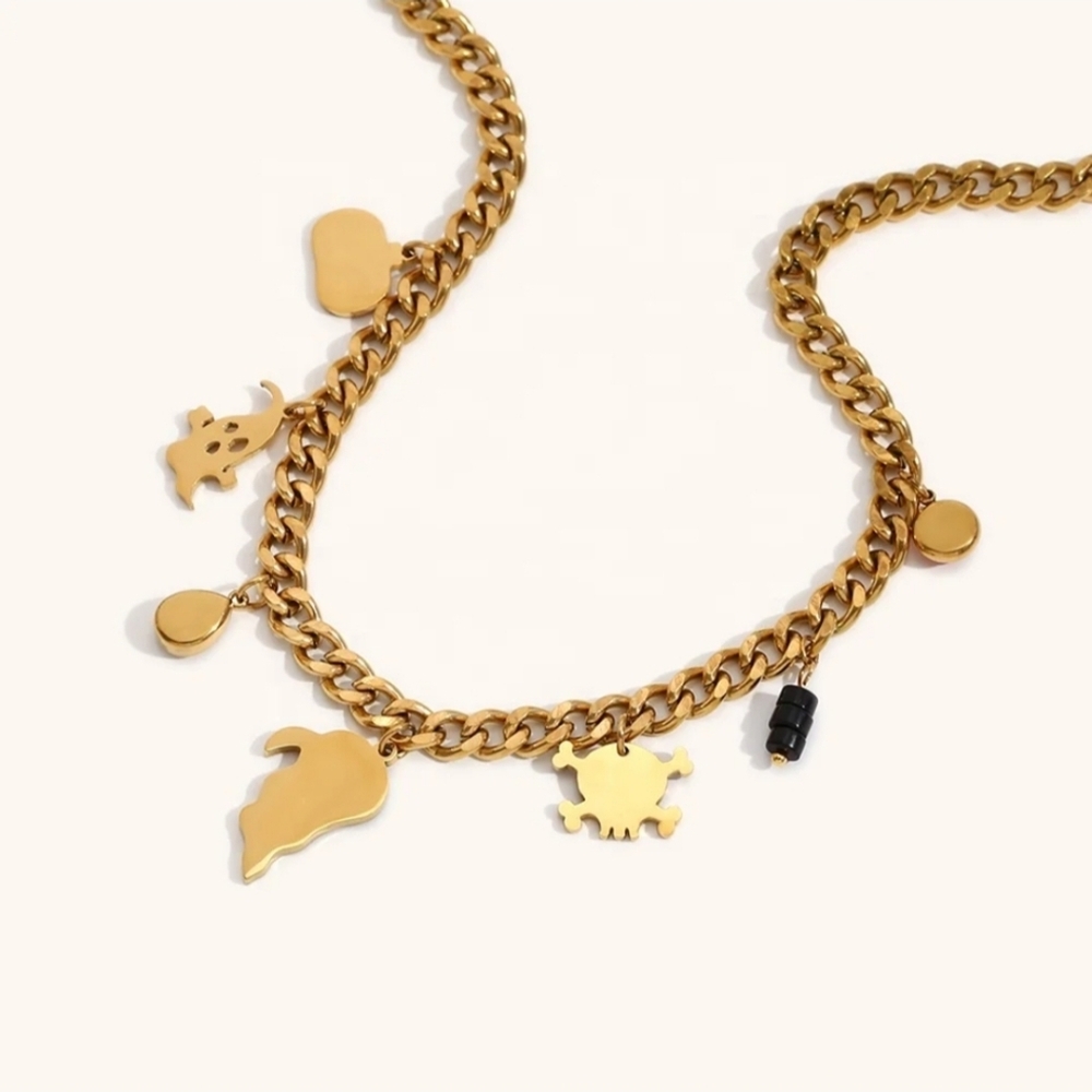Spooky Chic 18K Gold Plated Halloween Charm Necklace With Ghost, Pumpkin & Skull - Picture 8 of 10